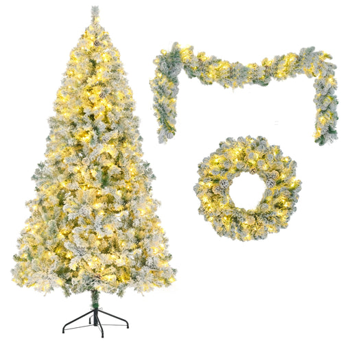 6FT Snow Flocked Christmas Tree, Pre-Lit Set with Tree & Garland & Wreath, Artificial Hinged Xmas Tree with Colorful LED Lights, 8 Lighting Modes, Pine Cones, Holiday Décor for Home - Image 6