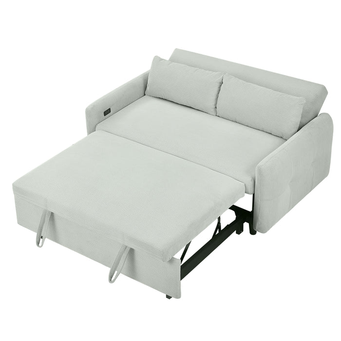 57.48" Pull-out Sofa Bed Convertible Couch 2 Seat Loveseat Sofa Modern Sleeper Sofa with Two Throw Pillows and USB Ports for Living Room, Light Grey-Green(Old Sku:WF317760AAE)