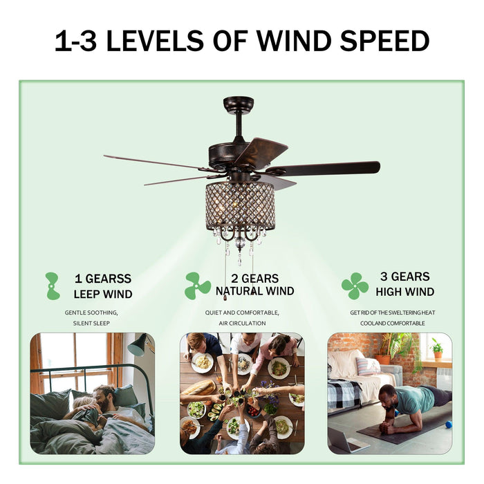 52'' Classical Crystal Ceiling Fan Lamp,3 Speed , 5 Reversible Blades for Living Room, Dining Room, Bedroom, Family Room, Rustic bronze ,3PCS*E12 (NO Include Bulb Hand Pull Chain) - DTYStore