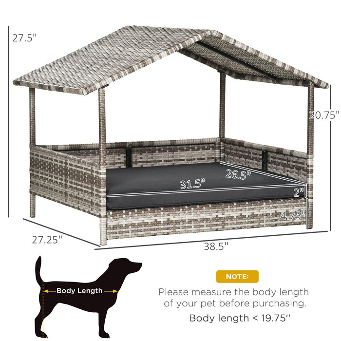 Wicker Dog House Outdoor with Canopy, Rattan Dog Bed with Water-resistant Cushion, for Small and Medium Dogs, Cream - DTYStore