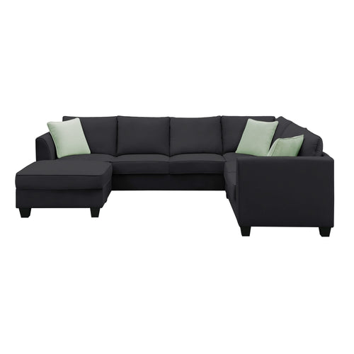 Modern Black L Shape Fabric Sectional Sofa with Ottoman and Pillows, 112*87 Inches, 7 Seats - Image 16