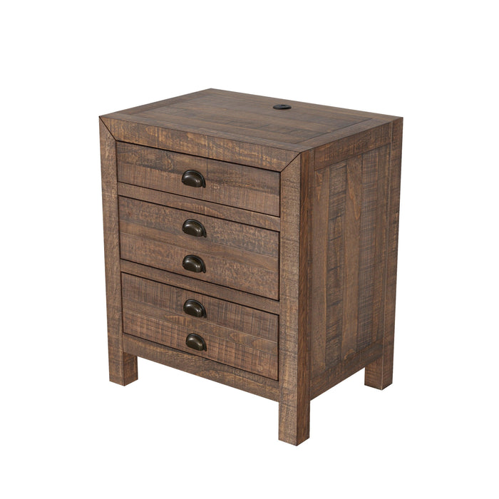 Rustic Farmhouse Style Three-Drawer Solid Pine Wood Nightstand with Cup Pulls and Integrated Charge Station - DTYStore