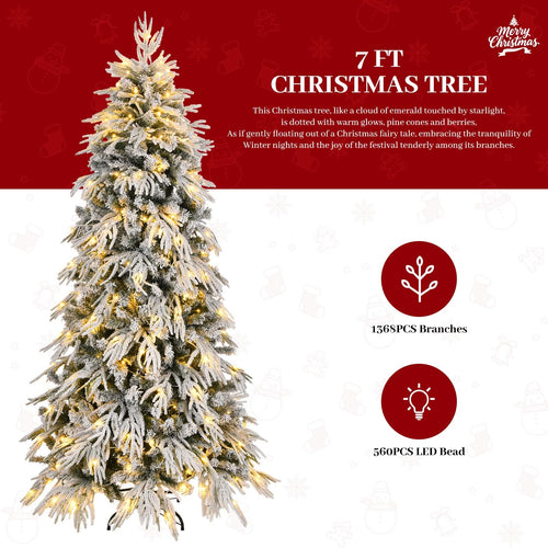 7ft Slim Flocked Christmas Tree Pre-lit w/ 767 Premium PE&PVC Tips, 250Warm White LED Lights, Skinny Noble Artificial Christmas Tree Easy Assembly for Home, Corner, Narrow Place - Image 4