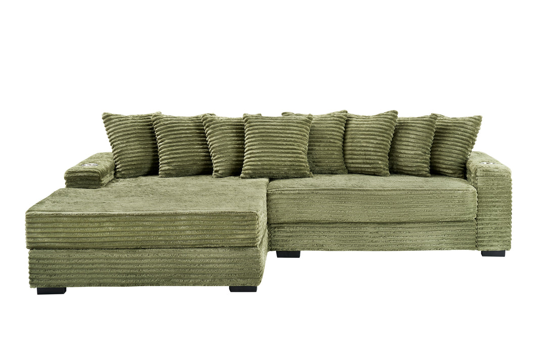 111.4-inch green corduroy sofa with cup holders and lockers on the armrests and a reversible chaise lounge (which can be swapped left and right) is suitable for living rooms and bedrooms.