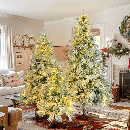 Pre-Lit Spruce Snow Flocked Christmas Tree Set-4FT, 6FT, 7.5FT, Artificial Hinged Xmas Tree with 800 Warm-Yellow & Colorful LED Lights, 8 Flashing Modes, Holiday Office Home Décor - Image 2