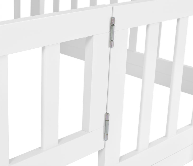 Twin Over Twin Floor Bunk Bed with Slide, Ladder, Door, Safety Guardrails, Solid Pine Wood Bunk Bed ,White