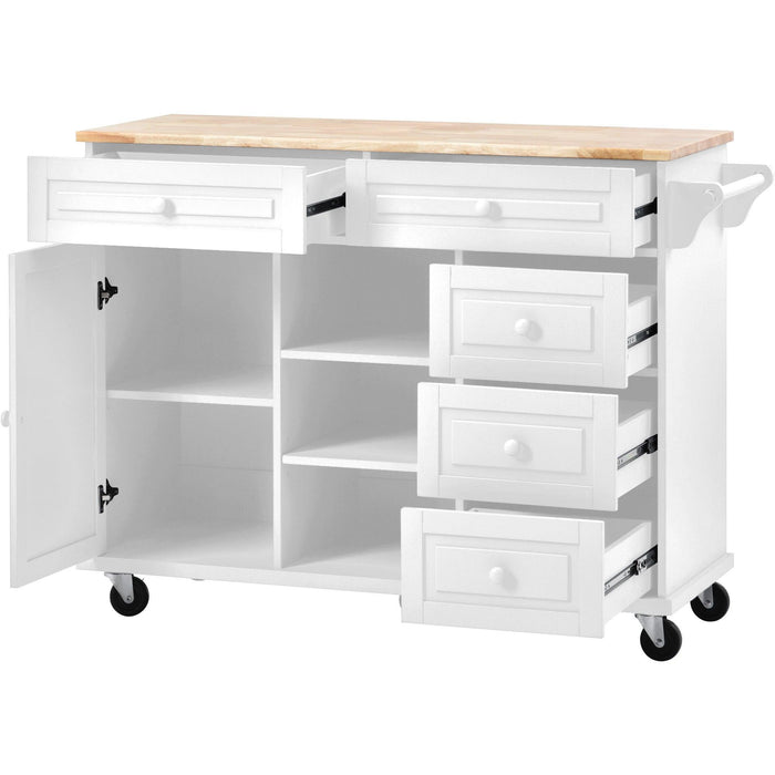 Kitchen cart with Rubber wood desktop rolling mobile kitchen island with storage and 5 draws 53 Inch length(White) - DTYStore