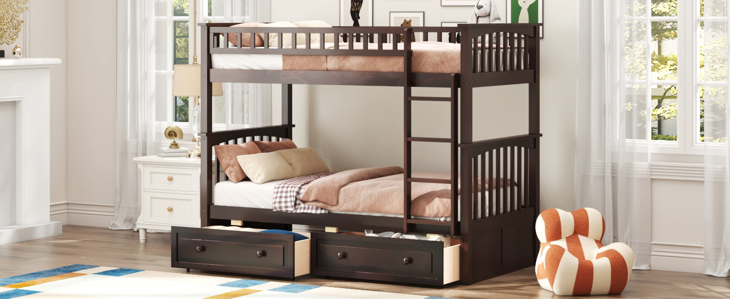 Twin over Twin Bunk Bed with Drawers, Convertible Beds, Espresso