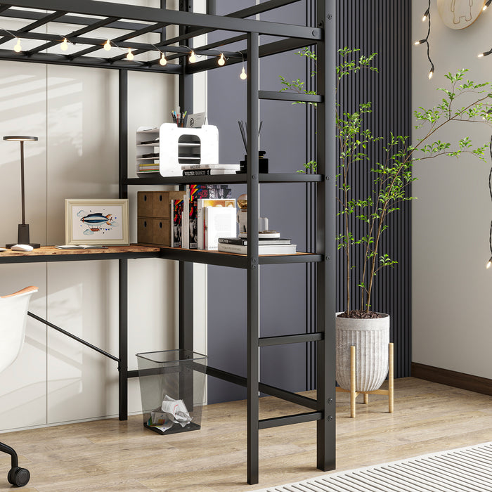 Twin Size Loft Bed with L Shaped Desk and Shelves, Charging Station, Led Lights, Safety Guard & Ladder, Space-Saving, No Noise, No Box Spring Needed, Brown Wood