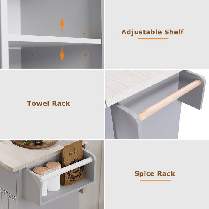 Kitchen Island with Trash Can Storage Cabinet, Kitchen Cart with Drop Leaf, Spice Rack, Towel Rack and Drawer, Rolling Kitchen Island on Wheels with Adjustable Shelf, Grey - DTYStore