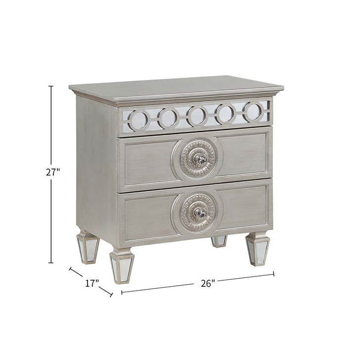 2 Drawers Nightstand with Mirror Inlay Trim in Silver Finish