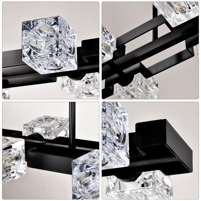 Rectangle Chandelier for Dining Room, 8-Light Black Farmhouse Linear Pendant Light Fixture, Modern Crystal Hanging Lighting Chandelier for Lobby, Kitchen, Bedroom, Living Room, Conference Room, Home