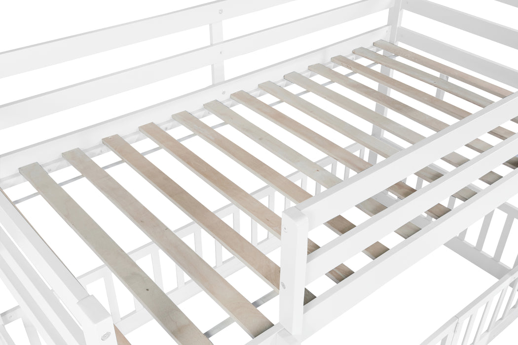 Twin Over Twin Floor Bunk Bed with Slide, Ladder, Door, Safety Guardrails, Solid Pine Wood Bunk Bed ,White