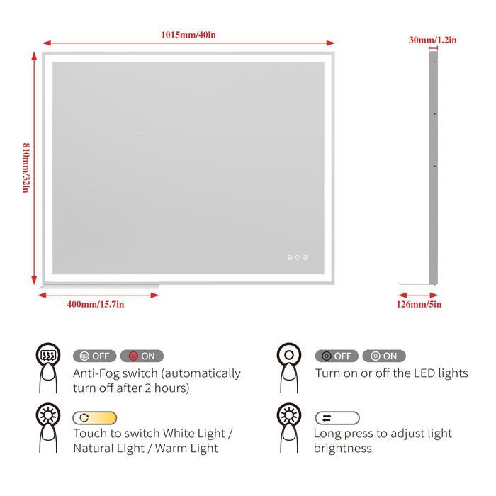 32x40 inch LED Bathroom Vanity Mirror Wall Mounted Adjustable White/Warm/Natural Lights Anti-Fog Touch Switch with Memory Modern Smart Large Bathroom Mirrors - DTYStore