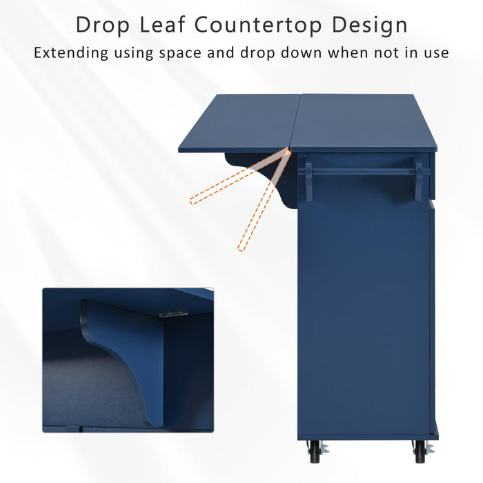 53.2'' Kitchen Island with Drop Leaf, Kitchen Storage Cart with Spice Rack, Towel Rack and 2 Drawers, Rolling Kitchen Island on Wheels with Adjustable Shelves for Kitchen, Dining Room, Navy Blue - DTYStore