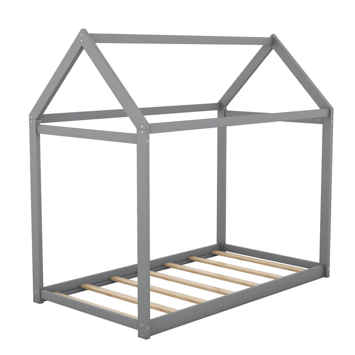 Twin Size Wooden House Bed, Gray - DTYStore