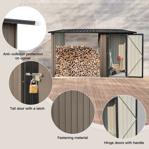 Outdoor Metal Firewood Rack and Storage Shed, Brown and Black,Two-in-one function - Image 4