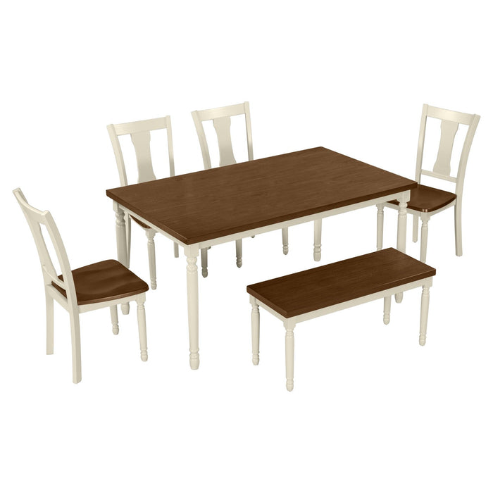 Classic 6-Piece Dining Set Wooden Table and 4 Chairs with Bench for Kitchen Dining Room (Brown+Cottage White) - DTYStore