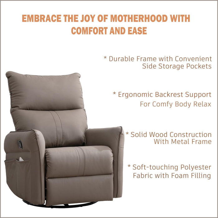 PU Rocking Recliner Chair,360° Swivel Nursery Rocking Chair,Glider Chair,Modern Small Rocking Swivel Recliner Chair for Bedroom,Living Room Chair Home Theater Seating,Side Pocket(Brown+360° Swivel) - DTYStore