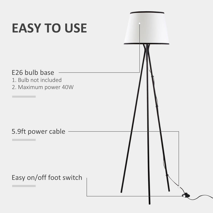 HOMCOM Modern Tripod Floor Lamp Free Standing Land Lamp w/ Steel Frame, Footswitch, Fabric Lampshade and E26 Base for Living Room, Bedroom, Office, Black