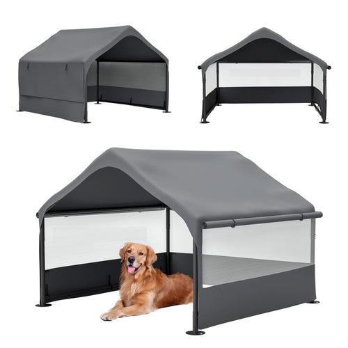 Extra Large Outdoor Dog House Tent with 3-Sided Mesh Windows, Breathable Sun Rain Cover Pet Shelter with Canopy and Ground Stakes for Dogs, Cats, Livestock – 4' x 4' x 3.3', Gray - Image 1