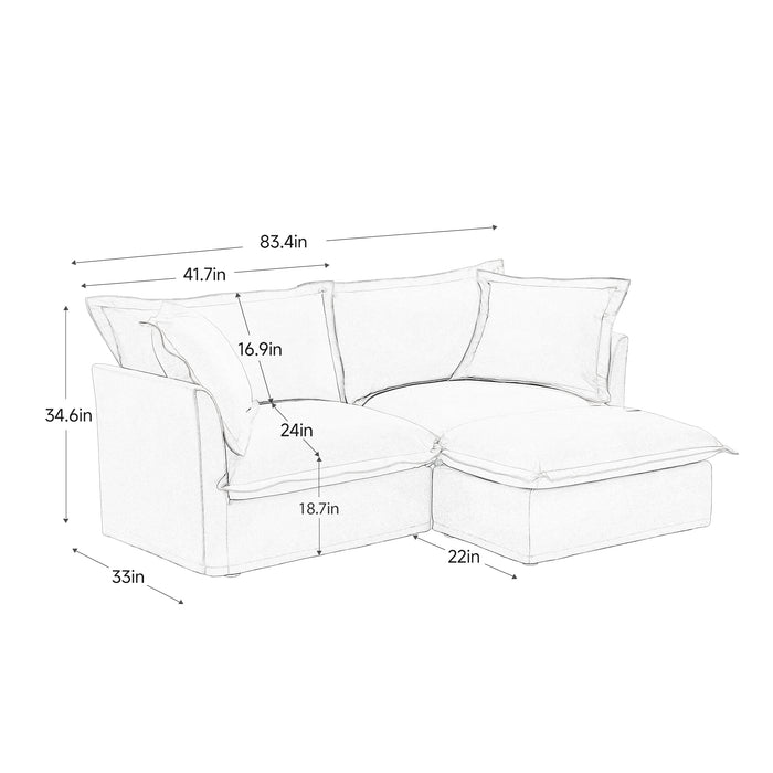 Slipcovered Sectional 2 Seater Sofa Couch with Convertible Ottoman, Wide and Deep Seat L Shaped Sofa with Detachable Cover and Soft Multiple Big Pillows, Chenille Fabric, Cream