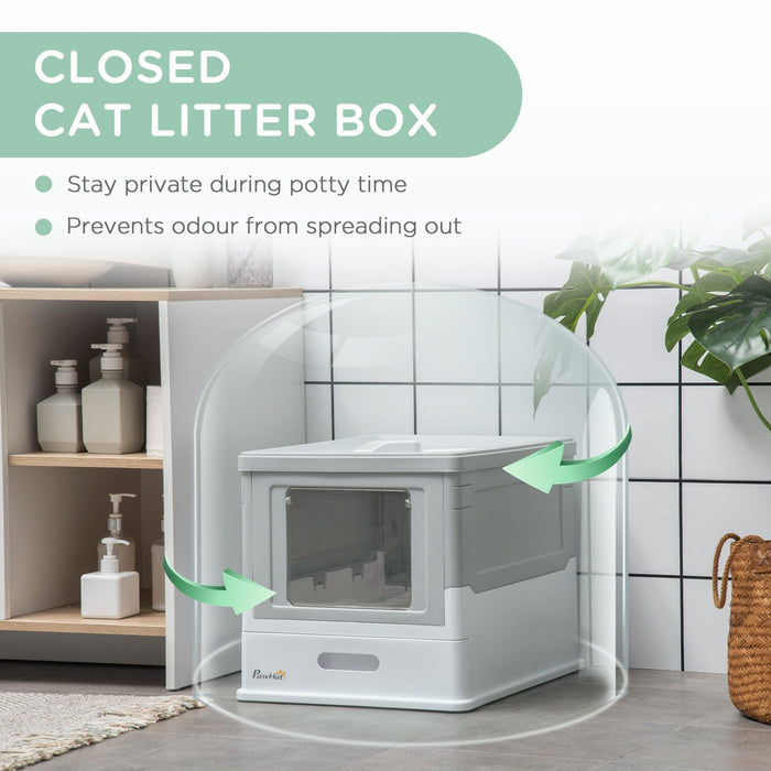 Fully Enclosed Cat Litter Box with Scoop, Hooded Cat Litter House with Drawer Type Tray, Foldable Smell Proof Cat Potty with Front Entry, Top Exit, Portable Pet Toilet with Large Space, Gray
