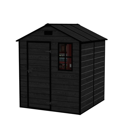 Campcraft 6*6ft resin storage shed, high quality pp material, strong structure, waterproof, rust and UV proof, large storage space, 12mm thick pp board, HD window lighting Black wood grain color - Image 11