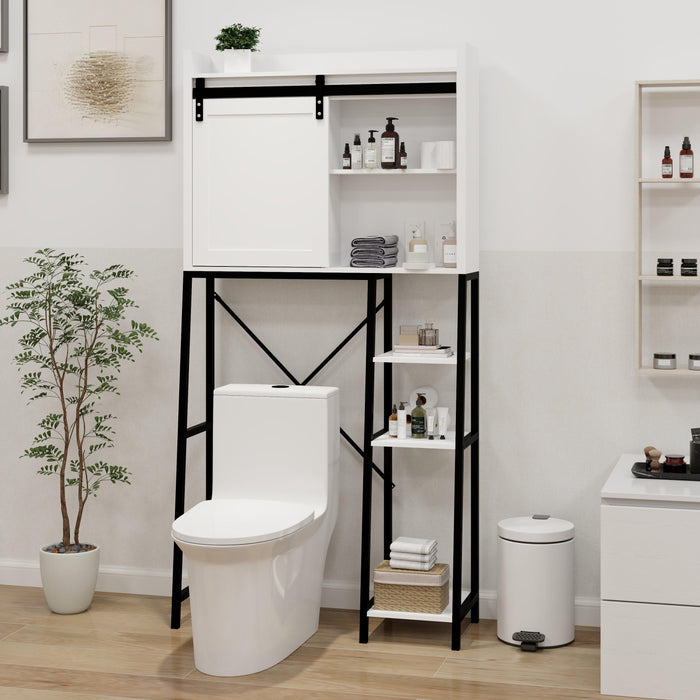 Over The Toilet Storage Cabinet, Bathroom Shelves Over Toilet with Sliding Barn Door,Adjustable Shelves and Side Storage Rack-White - DTYStore
