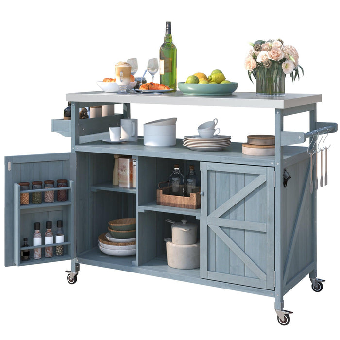 Outdoor Kitchen Island, Rolling Bar Cart & Storage Cabinet, Farmhouse Solid Wood Outdoor Grill Table with Stainless Steel Top, Spice Rack , Towel Rack for Kitchen & BBQ , Grey Blue - DTYStore