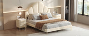 Queen Size Upholstered Bed Frame with Elegant Design, Modern Velvet Platform Bed with Petal Shape Headboard,Beige - DTYStore