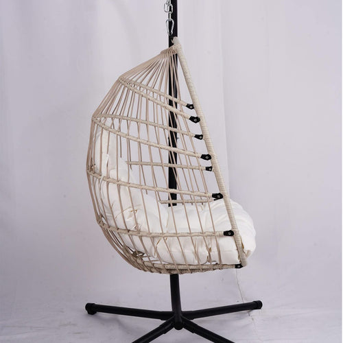 Outdoor Egg Hanging Chair with Stand, Patio Wicker Swing Egg Chair Indoor Swinging Chair Outdoor Hammock Egg Chair Off-white - Image 18