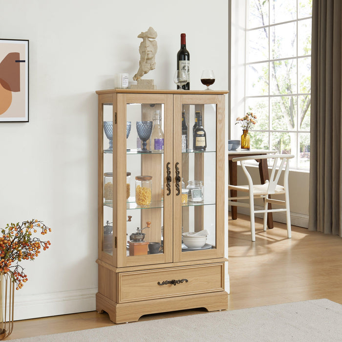 Glass Cabinet Lighted Glass Cabinet Curio Display Cabinet with Adjustable Glass Shelves 2 Doors and 1 drawer Cabinet Bulb Included OAK - DTYStore