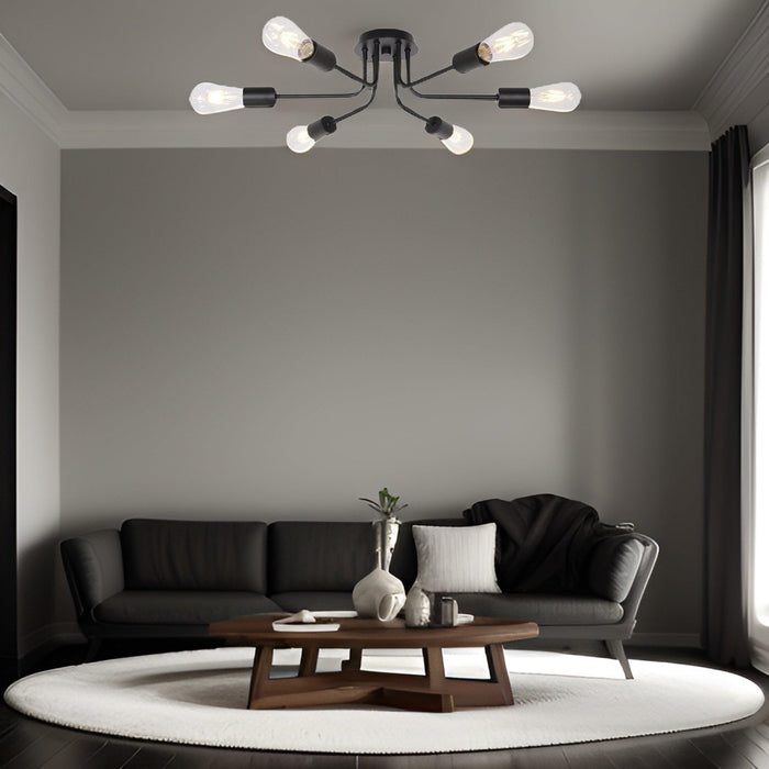 Modern Sputnik Chandelier 6 Light Semi Flush Mount Ceiling Lighting Cotemporary Industrial Brushed Nickel Ceiling Fixture - DTYStore