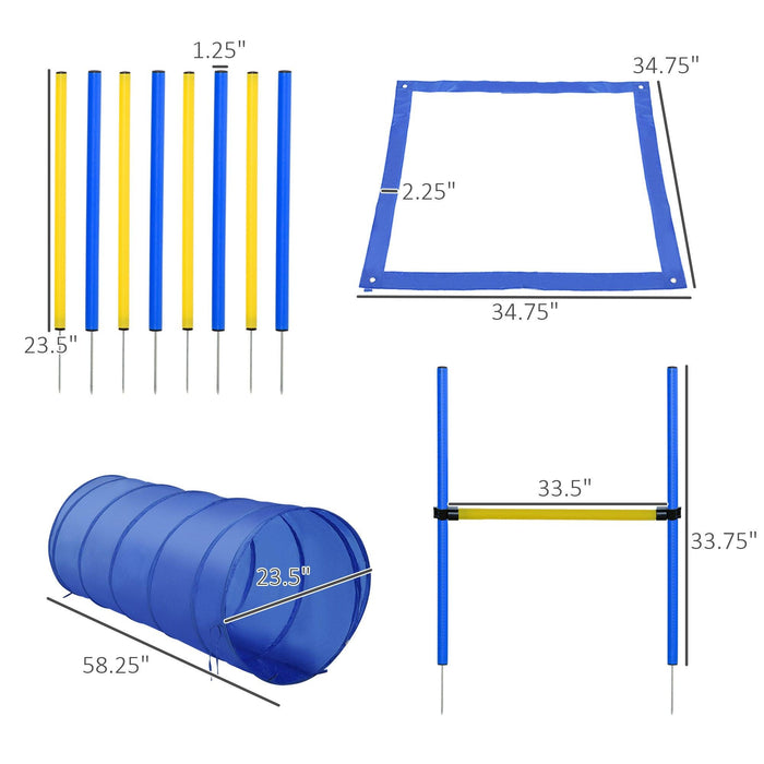 4PC Obstacle Dog Agility Training Course with Jump Hurdle, Tunnel, Pause Box, Weave Poles and Carrying Bag, Backyard Competitive Equipment- Blue/Yellow - DTYStore