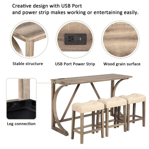 4-Piece Bar Table Set with Power Outlet, Dining Bar Table and Chairs Set, Bar Table Set with 3 Padded Stools for Living Room, Dining Room, Game Room, Brown Default -DTYStore