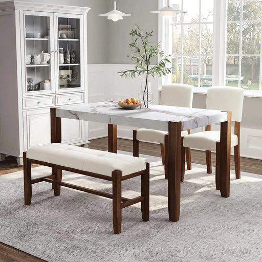 4-Piece Modern Dining Furniture Set, 4-Person Space-Saving Dinette for Kitchen, 46' Faux Marble Style Table and 2 Upholstered Chairs & Bench with Wood Legs Default -DTYStore