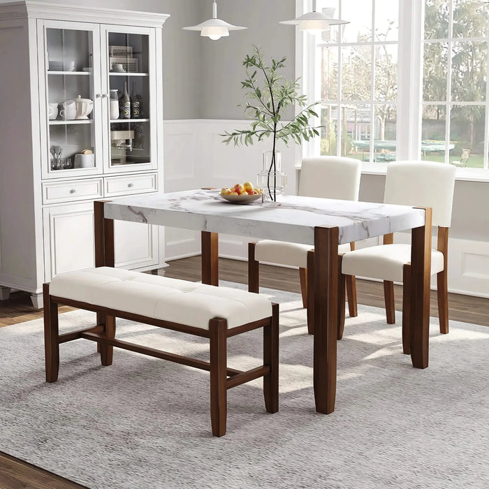 4-Piece Modern Dining Furniture Set, 4-Person Space-Saving Dinette for Kitchen, 46' Faux Marble Style Table and 2 Upholstered Chairs & Bench with Wood Legs Default -DTYStore