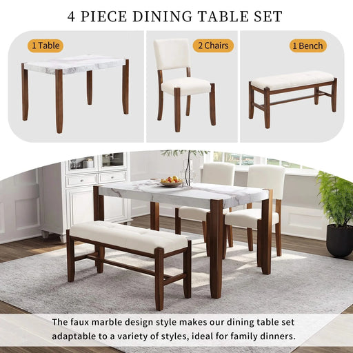 4-Piece Modern Dining Furniture Set, 4-Person Space-Saving Dinette for Kitchen, 46' Faux Marble Style Table and 2 Upholstered Chairs & Bench with Wood Legs Default -DTYStore