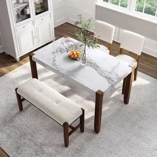 4-Piece Modern Dining Furniture Set, 4-Person Space-Saving Dinette for Kitchen, 46' Faux Marble Style Table and 2 Upholstered Chairs & Bench with Wood Legs Default -DTYStore
