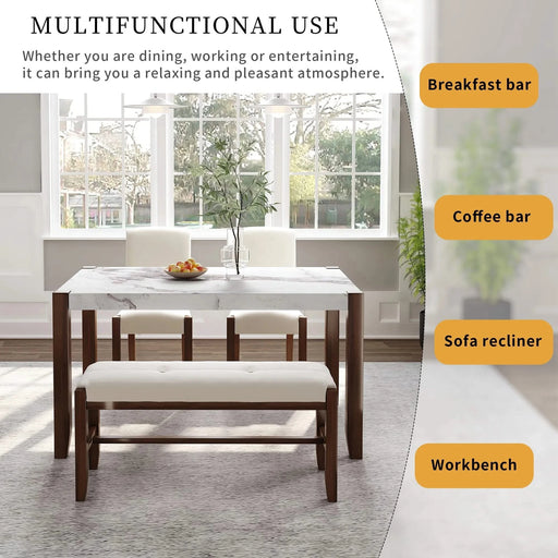 4-Piece Modern Dining Furniture Set, 4-Person Space-Saving Dinette for Kitchen, 46' Faux Marble Style Table and 2 Upholstered Chairs & Bench with Wood Legs Default -DTYStore