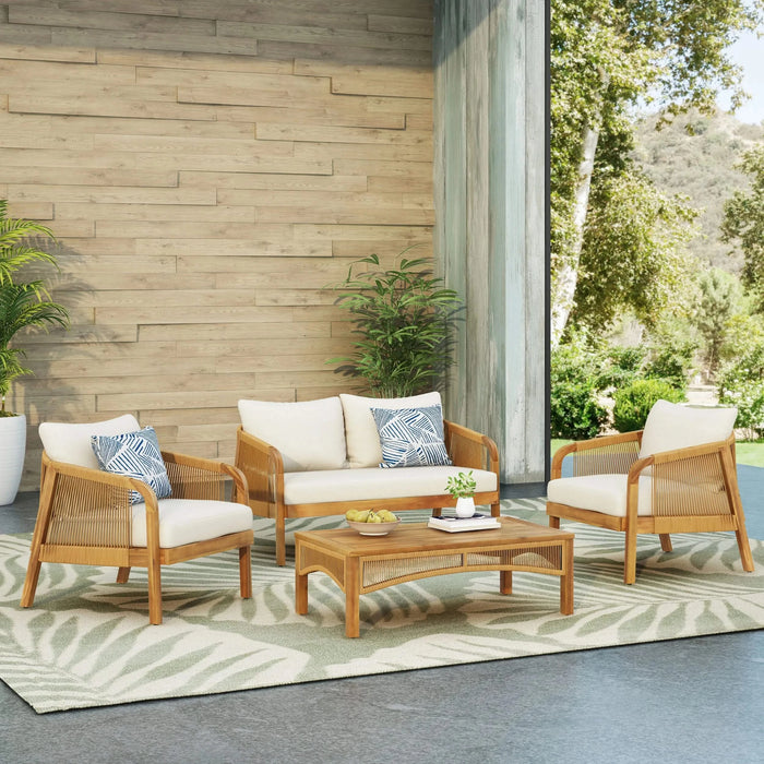 4-Pieces Acacia Wood Patio Furniture Set, Outdoor Furniture with Coffee Table, Patio Conversation Set Deep Seating with Soft Cushion, Porch Chairs for Garden, Backyard Porch Balcony, Brown & Beige Default -DTYStore