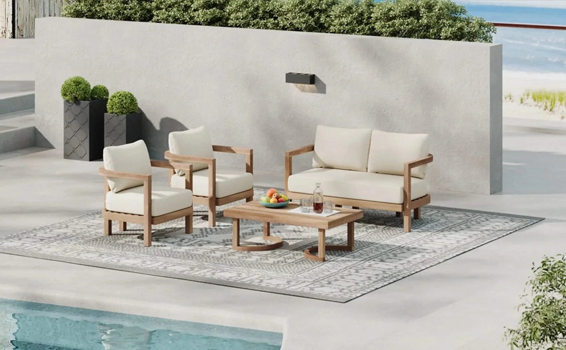 4-Pieces Acacia Wood Patio Furniture Set, Outdoor Furniture with Coffee Table, Patio Conversation Set Deep Seating with Soft Cushion, Porch Chairs for Garden, Backyard Porch Balcony, Brown wash, Beige Default -DTYStore