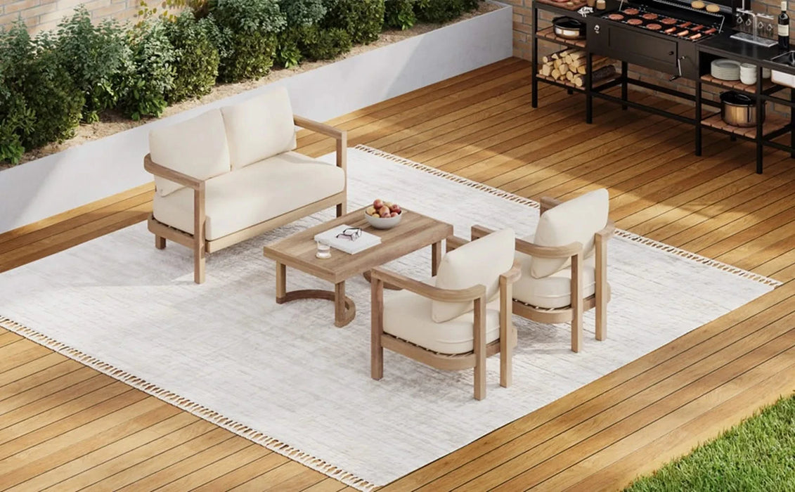 4-Pieces Acacia Wood Patio Furniture Set, Outdoor Furniture with Coffee Table, Patio Conversation Set Deep Seating with Soft Cushion, Porch Chairs for Garden, Backyard Porch Balcony, Brown wash, Beige Default -DTYStore