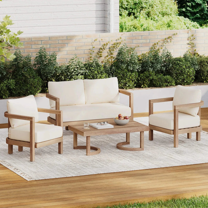 4-Pieces Acacia Wood Patio Furniture Set, Outdoor Furniture with Coffee Table, Patio Conversation Set Deep Seating with Soft Cushion, Porch Chairs for Garden, Backyard Porch Balcony, Brown wash, Beige Default -DTYStore