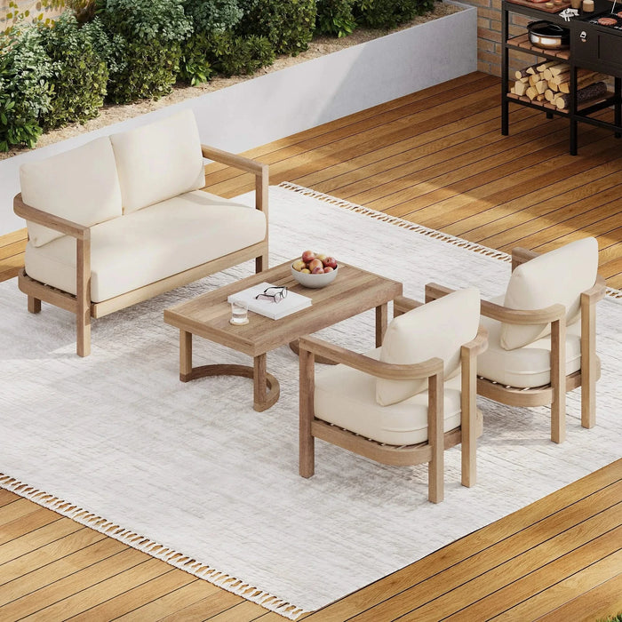 4-Pieces Acacia Wood Patio Furniture Set, Outdoor Furniture with Coffee Table, Patio Conversation Set Deep Seating with Soft Cushion, Porch Chairs for Garden, Backyard Porch Balcony, Brown wash, Beige Default -DTYStore