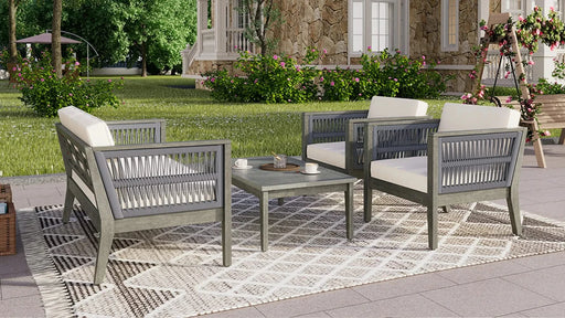 4-Pieces Acacia Wood Patio Furniture Set, Outdoor Furniture with Coffee Table, Patio Conversation Set Deep Seating with Soft Cushion, Porch Chairs for Garden, Backyard Porch Balcony, Grey & Beige Default -DTYStore
