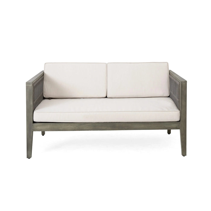 4-Pieces Acacia Wood Patio Furniture Set, Outdoor Furniture with Coffee Table, Patio Conversation Set Deep Seating with Soft Cushion, Porch Chairs for Garden, Backyard Porch Balcony, Grey & Beige Default -DTYStore