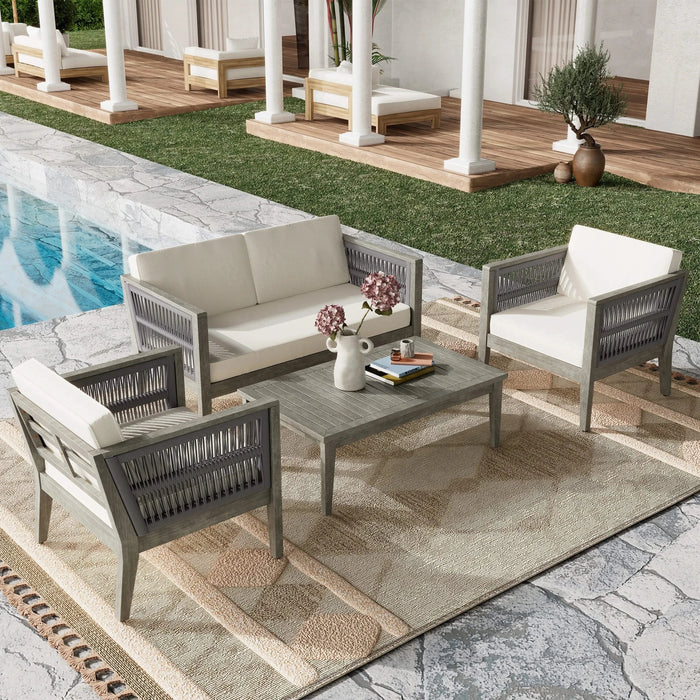 4-Pieces Acacia Wood Patio Furniture Set, Outdoor Furniture with Coffee Table, Patio Conversation Set Deep Seating with Soft Cushion, Porch Chairs for Garden, Backyard Porch Balcony, Grey & Beige Default -DTYStore