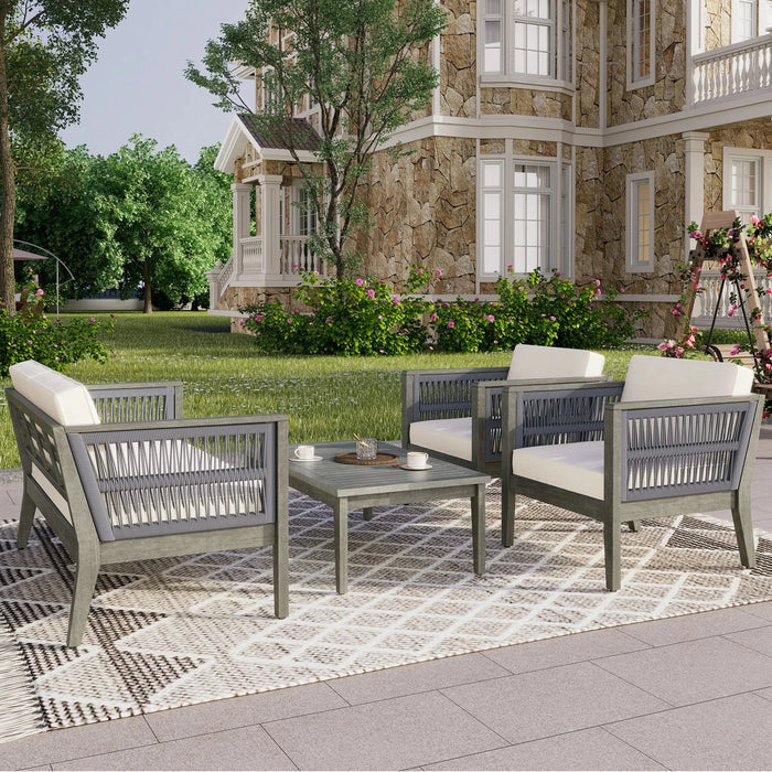 4-Pieces Acacia Wood Patio Furniture Set, Outdoor Furniture with Coffee Table, Patio Conversation Set Deep Seating with Soft Cushion, Porch Chairs for Garden, Backyard Porch Balcony, Grey & Beige Default -DTYStore